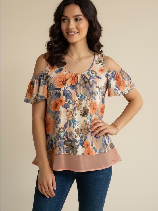 NAIF Tops - NAIF Peach and Blue Floral Cold-Shoulder Blouse, Size Small